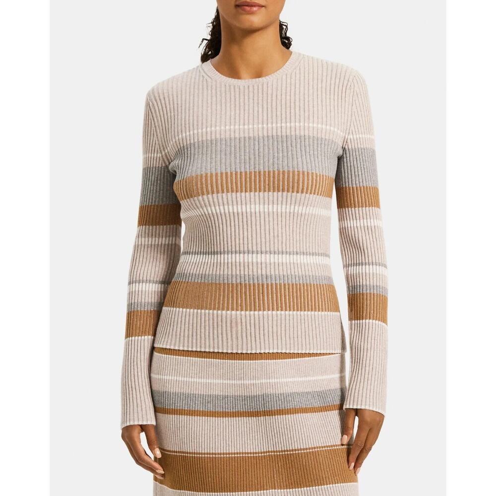 THEORY $295 Mirzi Ribbed Viscose Stretch Knit Striped Sweater Top Size Medium